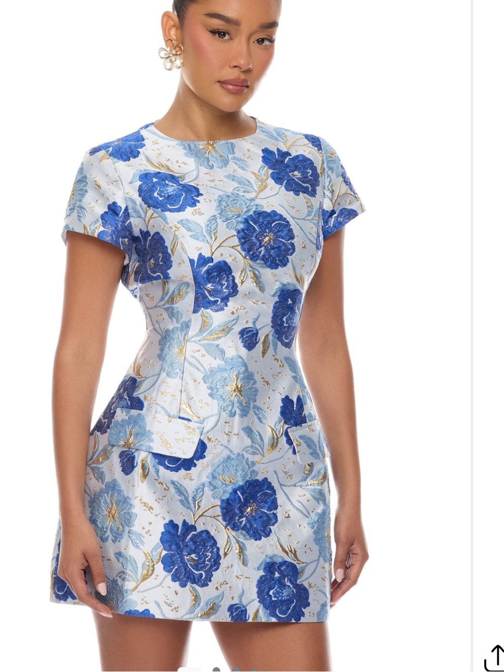 Fashion Nova Blue Floral Jacquard Short Sleeve Mini Dress